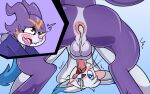  anal anal_orgasm anal_penetration bandai_namco blue_eyes blush bodily_fluids butt cum cum_drip cum_in_ass cum_inside cum_while_penetrated digimon digimon_(species) domestic_cat dripping felid feline felis feliveemon from_behind_position fur gatomon genital_fluids jake_the_gatomon male male/male mammal not_a_furfag penetration purple_body purple_scales purple_skin scales scalie sex tongue tongue_out veemon white_body white_fur white_skin 