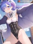  @muscle_waifus abs absurdres ai-generated balcony blue_eyes blue_hair blush breasts hair_ribbon highres leotard long_hair maid medium_breasts muscular muscular_female non-web_source ocean open_arms open_clothes rem_(re:zero) ribbon thighs 