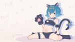  1girl absurdres animal_ears animal_hands arm_support blue_hair bra cat_ears cat_lingerie cat_tail fake_animal_ears fake_tail gloves greatm8 hairband highres lana_(pokemon) looking_at_viewer meme_attire panties paw_gloves paw_shoes pokemon pokemon_(anime) pokemon_(game) pokemon_sm pokemon_sm_(anime) solo tail thighlet underwear yellow_hairband 