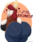  &lt;3 2023 absurd_res anthro big_breasts big_butt bottomwear breasts buckteeth butt butt_focus chinese_zodiac clothing denim denim_clothing ear_piercing english_text female hi_res huge_breasts huge_butt huge_thighs jacket jeans lagomorph leporid looking_back mammal markings mature_female mole_(marking) open_mouth pants piercing pixelated_heart rabbit regina_harrington simple_background smile solo teeth text thick_thighs topwear ultrastax year_of_the_rabbit 