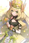  1girl absurdres bare_shoulders blonde_hair breasts celine_(fire_emblem) cleavage commentary_request dress fire_emblem fire_emblem_engage flower gonzarez green_eyes hat highres holding holding_flower long_hair looking_at_viewer smile solo very_long_hair 