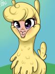  2018 alpaca blush bust_portrait camelid digital_drawing_(artwork) digital_media_(artwork) eyelashes female feral fur hi_res mammal paprika_paca_(tfh) portrait purple_eyes shadowreindeer smile solo tail them&#039;s_fightin&#039;_herds wool_(fur) yellow_body yellow_fur 