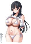  1girl agano_(kancolle) alternate_costume aqua_eyes bangs bikini black_hair blush breasts cleavage clothes_lift cowboy_shot cropped_legs ebifurya furrowed_brow gloves hands_up highres kantai_collection large_breasts lifted_by_self long_hair looking_at_viewer midriff navel one-hour_drawing_challenge parted_lips sailor_collar shirt_lift side-tie_bikini_bottom simple_background skindentation solo string_bikini swimsuit thighs twitter_username underboob very_long_hair white_background white_bikini white_gloves 