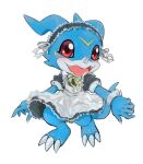  ambiguous_gender anthro apron asin_567 bandai_namco blue_body blush bow_ribbon claws clothing cute_fangs digimon digimon_(species) dress looking_at_viewer maid_apron maid_headdress maid_uniform male open_mouth open_smile red_eyes scalie smile solo uniform veemon 