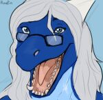  ambiguous_gender anthro blue_background blue_body blue_eyes blue_scales bust_portrait colored_sketch dragon fangs front_view glistening glistening_eyes hair horn looking_at_viewer mouth_shot open_mouth portrait rectangular_glasses red_tongue roobin scales signature simple_background sketch solo square_glasses teeth tongue white_hair white_horn 