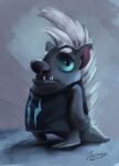  2017 anthro biped black_nose blue_sclera clothing digital_media_(artwork) digital_painting_(artwork) eulipotyphlan friendship_is_magic grey_body grubber_(mlp) hair hasbro hedgehog hi_res insanerobocat looking_at_viewer male mammal my_little_pony my_little_pony:_the_movie_(2017) sad signature solo standing teeth white_hair 