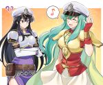  2girls :d ? ?? absurdres aqua_hair armor ayra_(fire_emblem) betabetamaru black_hair breastplate cape closed_eyes commission crossed_arms dress earrings eighth_note eirika_(fire_emblem) elbow_gloves fingerless_gloves fire_emblem fire_emblem:_genealogy_of_the_holy_war fire_emblem:_the_sacred_stones fire_emblem_heroes gloves hat highres jewelry long_hair multiple_girls musical_note open_mouth pelvic_curtain purple_dress purple_eyes red_gloves red_shirt shirt short_sleeves skeb_commission skirt smile sweatdrop upper_body white_gloves white_headwear white_skirt 