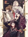  4boys adjusting_hair arms_behind_head artem_wing_(tears_of_themis) bangs bel_3001 blue_eyes brown_eyes cherry_blossoms chinese_clothes closed_mouth hanfu highres holding holding_sword holding_weapon long_hair long_sleeves luke_pearce_(tears_of_themis) male_focus marius_von_hagen_(tears_of_themis) multiple_boys petals ponytail purple_eyes purple_hair sword tears_of_themis very_long_hair vyn_richter_(tears_of_themis) weapon white_hair yellow_eyes 