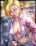 1girl absurdres android_18 artist_name blonde_hair blue_eyes breasts buttoning commentary dragon_ball dragon_ball_z dressing earrings hair_between_eyes highres hoop_earrings hot jewelry medium_breasts no_bra sarulart sleeves_rolled_up solo sweat symbol-only_commentary upper_body 