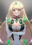  1girl absurdres bangs blonde_hair breasts chest_jewel cleavage_cutout closed_mouth clothing_cutout dress elbow_gloves gloves highres hip_vent large_breasts long_hair looking_at_viewer mythra_(xenoblade) oruru63100814 smile solo straight_hair swept_bangs tiara white_dress white_gloves xenoblade_chronicles_(series) xenoblade_chronicles_2 yellow_eyes 