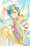  1boy ahoge aqua_hair bangs choker closed_mouth commentary ensemble_stars! eyewear_on_head fingernails green_eyes hood hood_down hooded_jacket jacket leaf long_sleeves male_focus multiple_hairpins pants seuga shinkai_kanata short_hair sitting solo yellow_pants 