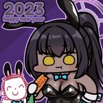  1girl 1other 2023 animal_ears black_hair black_leotard blue_archive blush_stickers breasts carrot chinese_zodiac cleavage commentary dark-skinned_female dark_skin eating fake_animal_ears happy_new_year jazz_jack karin_(blue_archive) karin_(bunny)_(blue_archive) large_breasts leotard lowres playboy_bunny ponytail purple_background rabbit_ears strapless strapless_leotard very_dark_skin wrist_cuffs year_of_the_rabbit yellow_eyes 