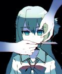  1girl alina_gray amane_hikari aqua_eyes black_background closed_mouth green_hair hair_between_eyes hands_on_another&#039;s_face highres holding holding_knife knife long_hair magia_record:_mahou_shoujo_madoka_magica_gaiden mahou_shoujo_madoka_magica multicolored_hair razor_blade sakae_general_school_uniform school_uniform sidelocks simple_background single_hair_ring streaked_hair upper_body 