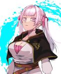  1girl artist_name belt black_bull_(emblem) black_capelet black_clover capelet cleavage_cutout clothing_cutout dress grey_hair hair_ribbon highres jacket long_hair looking_at_viewer noelle_silva parted_lips pink_dress pink_eyes pink_ribbon ribbon solo sumuna_sunaco twintails white_background white_jacket 