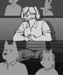  5:6 anthro beastars bulge canid canine canis classroom clothed clothing collot_(beastars) domestic_dog erection erection_under_clothing fox group guide_lines hi_res lagomorph lecture leporid lewd_latte male mammal monochrome rabbit school sketch solo 