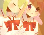  2girls alina_gray amane_hikari bangs blonde_hair blush bow bowtie closed_eyes green_hair layered_sleeves long_hair long_sleeves looking_at_another loose_bowtie magia_record:_mahou_shoujo_madoka_magica_gaiden mahou_shoujo_madoka_magica medium_hair misono_karin multicolored_hair multiple_girls open_mouth parted_bangs purple_eyes purple_hair red_bow red_bowtie sakae_general_school_uniform school_uniform shirt short_over_long_sleeves short_sleeves sidelocks sleeping streaked_hair two_side_up white_shirt wing_collar 