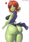  big_breasts big_butt breasts butt embarrassed eyewear female freckles freckles_on_butt goblin green_body green_skin hair hi_res humanoid humanoid_pointy_ears medium_breasts monocle monster_girl_(genre) patreon_username rear_view red_hair shy solo superbusty tagme text url 