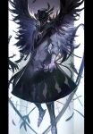  1boy black_clover black_feathers black_hair black_headwear black_robe black_wings feathered_wings feathers hat high_ponytail highres jewelry looking_at_viewer male_focus nacht_faust necklace plague_doctor_mask red_eyes robe smile solo talons top_hat tsugutoku wings 
