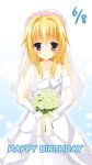  1girl 2015 bangs bare_shoulders blonde_hair blue_eyes blush bouquet bow breasts bridal_veil chaamii chitose_sana collarbone commentary dated dress english_text flower furrowed_brow gloves gradient_background hair_between_eyes hair_intakes hair_over_shoulder happy happy_birthday highres holding holding_bouquet light_blue_background long_hair looking_at_viewer own_hands_together pink_flower pink_rose ribbon rose sidelocks simple_background sleeveless sleeveless_dress small_breasts smile solo standing tenshinranman veil wedding_dress white_background white_bow white_dress white_flower white_gloves white_ribbon white_rose yuzu-soft 