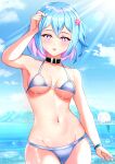  1girl absurdres arm_up bikini blue_hair breasts collar hair_ornament highres manakaze medium_breasts multicolored_hair navel original pink_eyes purple_eyes smile solo stomach swimsuit tongue tongue_out 