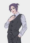  1boy adjusting_clothes adjusting_necktie artist_name bangs belt belt_buckle black_belt blue_lock buckle buttons collared_shirt commentary_request cowboy_shot dress_shirt grey_necktie grey_pants grey_shirt grey_vest hand_in_pocket hand_up highres lllou_illust looking_at_viewer male_focus mikage_reo necktie open_mouth pants parted_bangs ponytail purple_eyes purple_hair shirt short_hair short_ponytail sidelocks simple_background smile solo standing teeth tongue tongue_out twitter_username upper_teeth_only vest white_background wing_collar 
