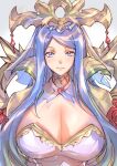  1girl alternate_breast_size bangs blue_eyes blue_hair breasts cape cleavage closed_mouth commentary_request dress fire_emblem fire_emblem_engage gold_cape grey_background hair_ornament high_collar highres huge_breasts lips long_hair looking_at_viewer lumera_(fire_emblem) see-through simple_background smile solo swept_bangs ug333333 veil very_long_hair white_dress 