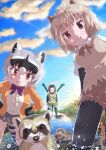  0_0 3girls :o animal animal_ears arms_up bangs black_hair bow bowtie brown_eyes brown_hair canal center_frills crab-eating_raccoon_(kemono_friends) creature_and_personification day elbow_gloves fisheye frills gloves green_hair grey_hair hands_on_hips highres jacket kemono_friends leaning_forward legs_apart looking_at_viewer medium_hair miniskirt multicolored_hair multiple_girls nakashi_masakumi nutria nutria_(kemono_friends) open_clothes open_jacket open_mouth outdoors outstretched_arms pantyhose_under_shorts parted_lips raccoon raccoon_ears raccoon_girl raccoon_tail red-eared_slider_(kemono_friends) red_hair shirt shorts skirt standing sweater_vest tail thighhighs turtle turtle_shell vest wading water white_hair 