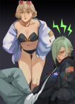  1boy 1girl alternate_costume american_flag bangs bikini black_bikini black_jacket blonde_hair breasts chinese_commentary cleavage closed_mouth commentary_request dated_commentary eyewear_on_head feet_out_of_frame genderswap genderswap_(mtf) gradient_background green_hair grey_background grey_pants hair_between_eyes hair_over_one_eye heart heart-shaped_eyewear higekiri_(touken_ranbu) hizamaru_(touken_ranbu) jacket large_breasts looking_at_viewer nasa_logo open_clothes open_jacket open_mouth pants red-tinted_eyewear shirt short_hair sunglasses swimsuit tinted_eyewear touken_ranbu white_jacket white_shirt yellow_eyes zi_tsas 