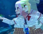  2girls alina_gray amane_hikari aquarium blonde_hair blush bow bowtie fish from_side green_hair hair_between_eyes hand_on_hip long_hair looking_ahead loose_bowtie magia_record:_mahou_shoujo_madoka_magica_gaiden mahou_shoujo_madoka_magica misono_karin multicolored_hair multiple_girls open_mouth plaid plaid_skirt pointing purple_eyes purple_hair sakae_general_school_uniform school_uniform shirt sidelocks single_hair_ring skirt smile streaked_hair white_shirt 