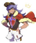  1boy bangs baseball_cap cape champion_uniform commentary_request cowboy_shot dark-skinned_male dark_skin dynamax_band facial_hair fur-trimmed_cape fur_trim grin hands_on_hips hat highres leggings leon_(pokemon) long_hair looking_at_viewer male_focus pokemon pokemon_(game) pokemon_swsh purple_hair red_cape shield_print shirt short_shorts short_sleeves shorts simple_background smile solo sword_print teeth white_background white_shorts white_wristband yellow_eyes yunoru 