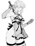  1girl absurdres bandages braid breasts flower gloves greyscale hair_flower hair_ornament highres kaine_(nier) lingerie monochrome nier nier_(series) nishiii26miii panties simple_background solo sword underwear weapon 