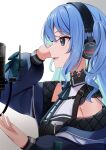  1girl absurdres arm_up blue_eyes blue_hair blue_jacket choker facing_to_the_side from_side hand_up headphones highres hololive hoshimachi_suisei jacket leo_(f_mmmnkm_paint) long_hair looking_ahead microphone neck_ribbon off_shoulder open_mouth pop_filter profile ribbon shirt sidelocks sleeveless sleeveless_shirt solo star_(symbol) star_in_eye symbol_in_eye upper_body virtual_youtuber wavy_hair wire 
