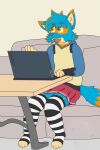  &ograve;w&oacute; blue_body blue_fur bottomwear canid canine canis clothing computer domestic_dog fennecat_(artist) footwear fur furniture generation_4_pokemon girly hi_res hoodie laptop lucario mammal nintendo orange_spots owo pokemon pokemon_(species) skirt socks sofa spots table topwear watermark yellow_eyes 