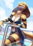 anthro blue_eyes bra clothed clothing cloud eyelashes eyewear female fora forked_tongue glasses hi_res jewelry lingerie necklace omesore outside panties reptile round_glasses scales scalie sky snake snake_hood solo tongue tongue_out translucent underwear water yellow_body yellow_scales 