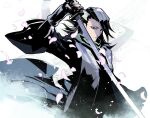  1boy black_eyes black_hair black_kimono bleach cherry_blossoms cofffee green_scarf hair_ornament haori holding holding_sword holding_weapon japanese_clothes katana kimono kuchiki_byakuya long_hair looking_at_viewer male_focus scarf solo sword taichou_haori weapon white_background 