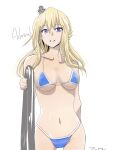  1girl alternate_costume bare_shoulders bikini blonde_hair blue_bikini blue_eyes breasts cleavage commentary_request cowboy_shot headgear highres kantai_collection large_breasts long_hair looking_at_viewer midriff navel solo swimsuit tada warspite_(kancolle) white_background 