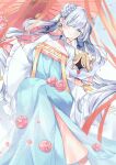  1girl absurdres anastasia_(dream_portrait)_(fate) anastasia_(fate) blue_eyes double_bun dress earrings fate/grand_order fate_(series) flower grey_hair hagoromo hair_bun hair_flower hair_ornament hair_over_one_eye highres jewelry long_dress long_hair misaki346 oil-paper_umbrella shawl umbrella viy_(fate) wide_sleeves 