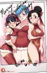  3girls alternate_hairstyle black_eyes black_hair blue_eyes blue_hair bow breasts bulma chi-chi_(dragon_ball) china_dress chinese_clothes cleavage cleavage_cutout clothing_cutout commentary covered_navel covered_nipples crop_top detached_sleeves dragon_ball dragon_ball_super dress english_commentary english_text hair_bow hair_bun hairband halterneck highres large_breasts medium_breasts merry_christmas microskirt multiple_girls open_mouth patreon_logo pelvic_curtain photo_(object) puffphox red_hairband red_nails short_dress short_hair single_hair_bun skirt smile strapless strapless_dress thighhighs videl web_address zettai_ryouiki 