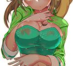  1girl absurdres blush breast_focus breasts brown_hair check_commentary collarbone commentary commentary_request crop_top green_jacket hand_on_own_chest head_tilt heart highres idolmaster idolmaster_cinderella_girls jacket kurushima_gire large_breasts manabe_itsuki midriff_peek open_clothes open_jacket parted_lips partially_obscured see-through simple_background sweat sweating_profusely sweaty_clothes upper_body wet wet_clothes wet_hair white_background 