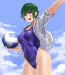  1girl ahoge arm_up ball blue_eyes blue_one-piece_swimsuit blush breasts competition_swimsuit covered_navel cowboy_shot green_hair grey_jacket hair_ornament hairclip highres holding holding_ball hunyan jacket looking_at_viewer medium_breasts one-piece_swimsuit open_clothes open_jacket open_mouth original outstretched_arm short_hair signature solo swimsuit thighs v-shaped_eyebrows volleyball 