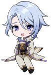  1boy black_gloves blue_eyes blue_hair bubble_tea chibi cup genshin_impact gloves highres holding holding_cup japanese_clothes kamisato_ayato long_sleeves male_focus open_mouth pinchi smile 