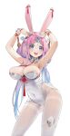  1girl :d absurdres animal_ear_fluff animal_ears armpits arms_up bangs blue_hair blush breasts cleavage contrapposto covered_navel fake_animal_ears fake_tail forehead_jewel gradient_hair hairband highres large_breasts leotard looking_at_viewer mole mole_on_armpit multicolored_hair original pantyhose parted_bangs pekakiu playboy_bunny purple_eyes rabbit_ears rabbit_tail simple_background smile solo strapless strapless_leotard tail tassel teeth thighband_pantyhose upper_teeth_only white_background white_hairband white_leotard white_pantyhose 