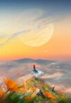  1girl blurry cloud cloudy_sky crescent_moon depth_of_field english_commentary faye_(ross_tran) flower from_behind full_body grass highres horizon long_hair moon multiple_moons orange_sky original petals ponytail red_hair rock ross_tran scenery sky solo wind 