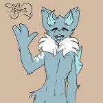  anthro blue_body blue_fur eyes_mostly_closed fenril_(spicy_flakes) frost_jeckals_(huf13) fur fur_markings gesture hi_res horn male markings narrowed_eyes neck_tuft open_mouth skull_bunz_official smile solo teeth tongue tuft waving waving_at_viewer white_body white_fur 