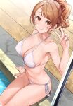  1girl arm_support bikini blush breasts brown_hair cleavage collarbone covered_nipples front-tie_bikini_top front-tie_top highres hojo_karen idolmaster idolmaster_cinderella_girls large_breasts looking_at_viewer mk_(mod0) navel ponytail pool poolside side-tie_bikini_bottom smile soaking_feet solo swimsuit v wavy_hair wet wet_hair white_bikini wooden_floor 