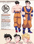  1boy black_eyes black_hair blue_footwear boots character_profile clenched_teeth commentary dougi dragon_ball dragon_ball_z english_commentary english_text highres male_focus muscular muscular_male puffphox scar scar_on_back son_gohan son_gohan_(future) super_saiyan super_saiyan_1 sweat teeth wristband 