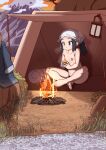  1girl akari_(pokemon) armpit_hair barefoot black_hair breasts campfire clothes_removed cloud completely_nude eating female_pubic_hair grass head_scarf highres indian_style lantern lemon_snail mountain nipples nude outdoors paid_reward_available pokemon pokemon_(game) pokemon_legends:_arceus ponytail potato pubic_hair riverbank shoes shoes_removed sitting small_breasts solo tent 