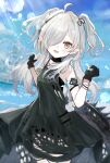  1girl :d ahoge arknights bare_shoulders black_dress black_gloves blue_sky brown_eyes cowboy_shot crocodilian_tail day dress gloves grey_hair hair_over_one_eye highres kataageteto light_rays long_hair looking_at_viewer open_mouth outdoors partially_fingerless_gloves pointy_ears sky sleeveless sleeveless_dress smile solo sunbeam sunlight tail tomimi_(arknights) two_side_up w_arms 