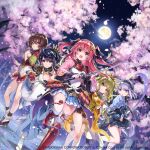  5girls armor blonde_hair blue_eyes blue_hair brown_eyes cape cherry_blossoms cow_horns dress facing_viewer falling_petals frilled_sleeves frills fukube full_moon goou_yoshimitsu green_eyes hair_bun hair_flaps hair_ornament hair_ribbon hair_stick hairband hakama hakama_skirt highres holding holding_weapon horns japanese_armor japanese_clothes jouizumi_masamune katana kimono kneehighs kogarasumaru_(tenka_hyakken) kuwana_gou_(tenka_hyakken) light_purple_hair long_hair long_sleeves miniskirt moon multiple_girls nanaka_(tenka_hyakken) night obi obijime official_art petals platform_footwear popped_collar purple_dress purple_eyes red_eyes red_hair ribbon rope sash short_hair short_sleeves skirt sleeves_past_wrists socks standing standing_on_one_leg sword tabi_boots tenka_hyakken thighhighs twintails waist_cape weapon wide_sleeves yellow_dress yellow_eyes 