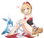  1girl absurdres bangs bare_legs barefoot blonde_hair blue_eyes blush bracelet closed_mouth coletta_(colet_colettia) commentary_request eevee eyelashes glaceon hairband heart highres irida_(pokemon) jewelry looking_at_viewer medium_hair poke_ball poke_ball_(legends) pokemon pokemon_(creature) pokemon_(game) pokemon_legends:_arceus red_hairband red_shirt sash shirt short_shorts shorts sitting smile spoken_heart strapless strapless_shirt toes waist_cape white_shorts 